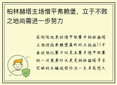 柏林赫塔主场惜平弗赖堡，立于不败之地尚需进一步努力